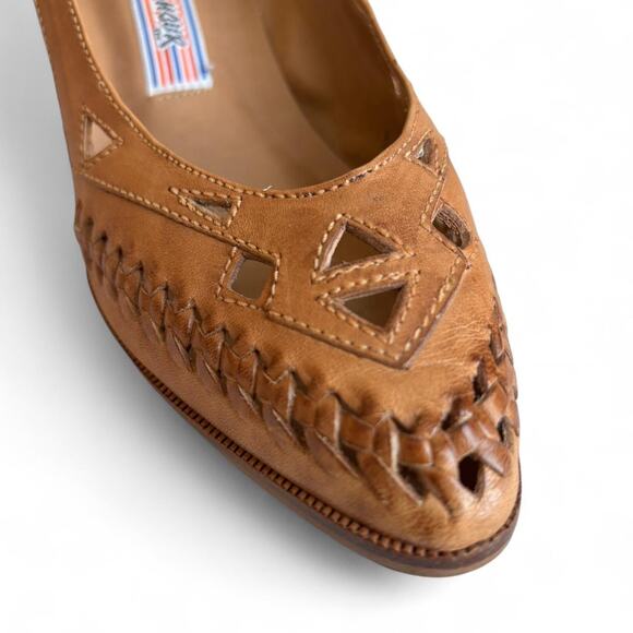 Vintage Rush Hour 7B Leather Cutout Heels Tan Braided Toe Western Boho - Picture 4 of 8